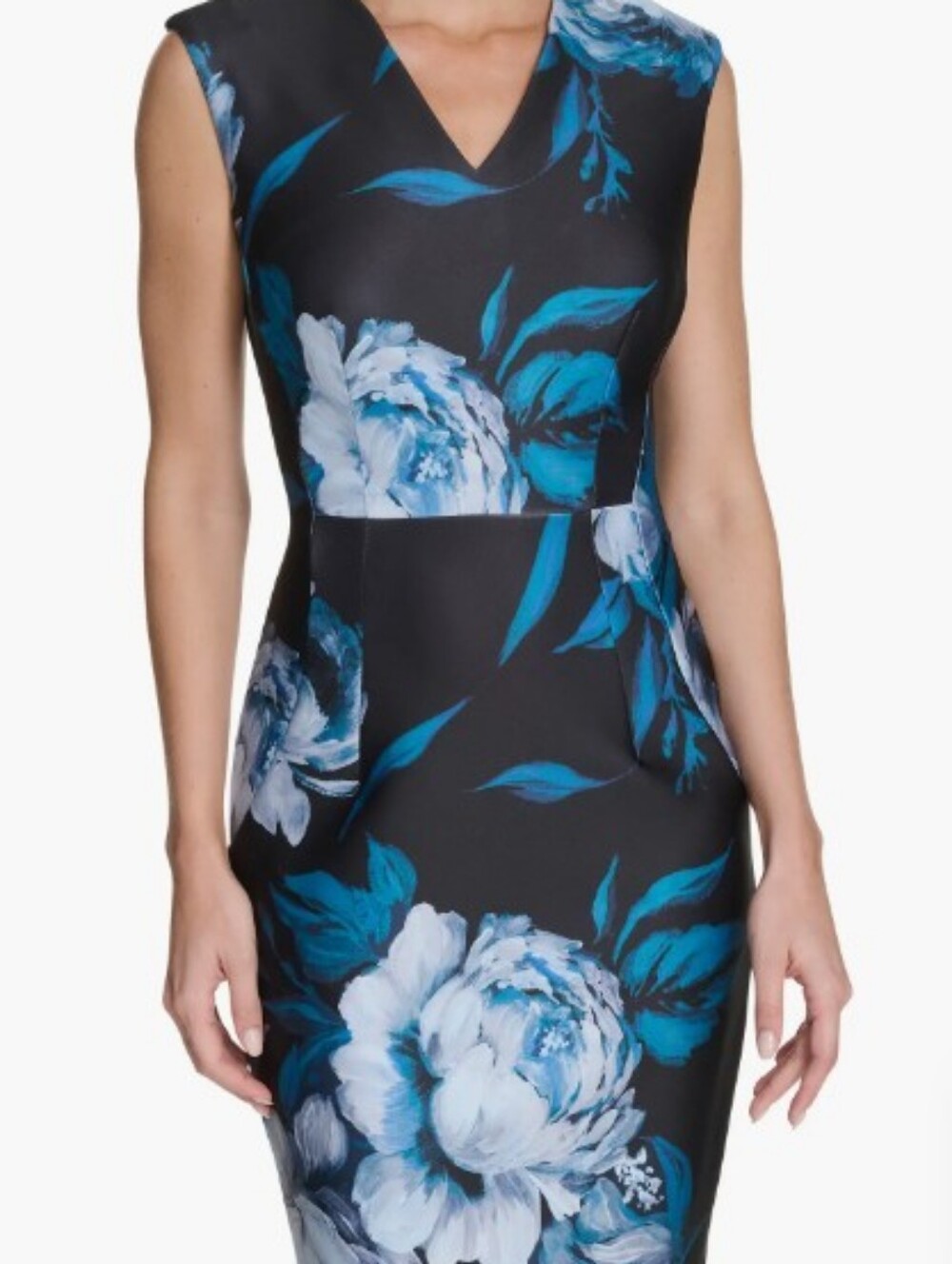Calvin Klein Size 16 Floral Sheath Dress in Teal, White & Charcoal
